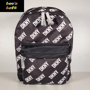 DKNY Black Rucksack Backpack Bag White DKNY Logo All Over - Picture 1 of 22