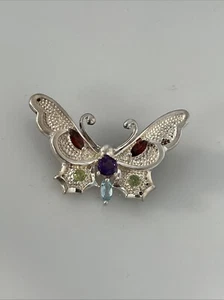 Sterling Silver Multi Gemstone Butterfly Brooch Pin Amethyst Peridot 4b - Picture 1 of 5
