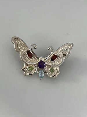 Sterling Silver Multi Gemstone Butterfly Brooch Pin Amethyst Peridot 4b - Image 1 of 4