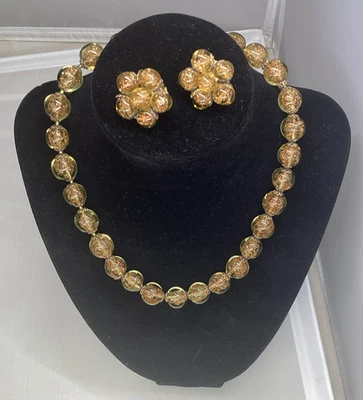 Vtg Murano Glass Beaded Necklace 16" Handmade Italian Gold Fleck Jewelry & earrs - Image 1 of 4