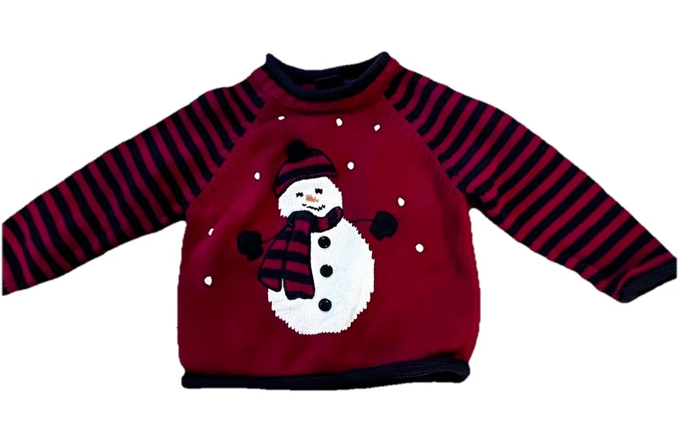 Auténtico suéter muñeco de nieve a rayas para niños talla 2T 100 % algodón rojo, azul marino, blanco Foto 1 de 4