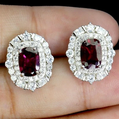 925 Sterling Silver Earrings Antique Rhodolite Garnet 7x5mm Gemstone Jewelry - Image 1 of 4