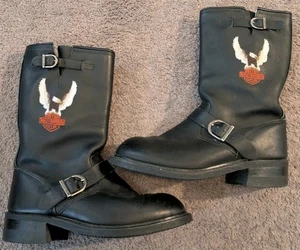 Harley Davidson Black Leather Conductor Engineer Eagle Logo Boots Men's 7.5 - Picture 1 of 6