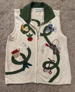 VTG Sharon Young Zip Sweater Vest Cream Sz L Embroidered Garden Hose Vegetables - Picture 1 of 8