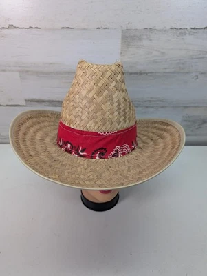 Chapéu de palha cowboy estilo ocidental aba larga vermelho acabamento bandana feito no México masculino - Imagem 1 de 4