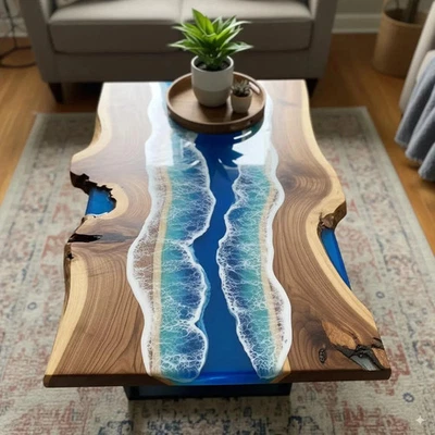 Ocean Epoxy Dining Table – Blue Resin River Handmade Furniture For Hallway Decor - Image 1 of 4