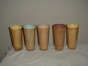 Lot of 5 Vintage Raffia Ware Burlap 6” Tumblers Melamine Lot #2 - Picture 1 of 2