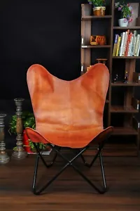 Chair Butterfly Leather Frame Handmade Vintage Brown Relaxing Chair With Stand - Picture 1 of 4