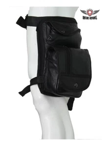 Black Naked Cowhide Leather Thigh Bag W/ Gun Pocket For Motorcycle Biker - Picture 1 of 5