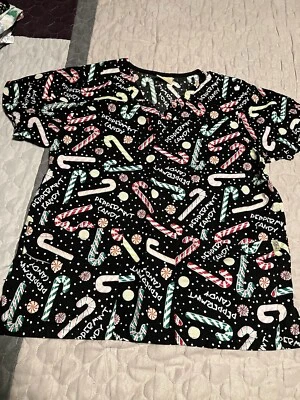 Scrub Uniform Top TAFFORD Brand Christmas Candy Cane Pattern - Image 1 of 3