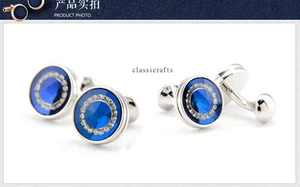 High quality silvered solid brass Crystal round shape Culflink Blue - Picture 1 of 6