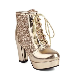 Ankle Boots Block Heel Sequin Shiny Leather Platform Fashion Women Lace Up Shoes - Picture 1 of 20