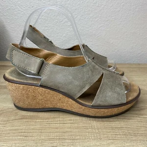Clarks Rosamund Dune Tan Suede Hook And Loop Cork Wedge Sandals 11 M - Picture 1 of 9