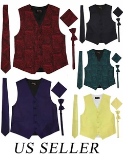 Men Vest patterned Necktie Bow tie pocket square Full Back top quality formal - Picture 1 of 8