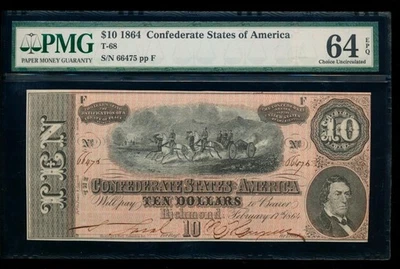 AC T-68 $10 1864 Confederate Currency CSA PMG 64 EPQ - Image 1 of 2