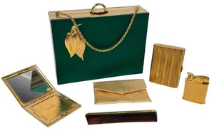 1950s Evans Elegance Green Gold Metal Clutch Evening Bag Lighter Compact Comb - Picture 1 of 18