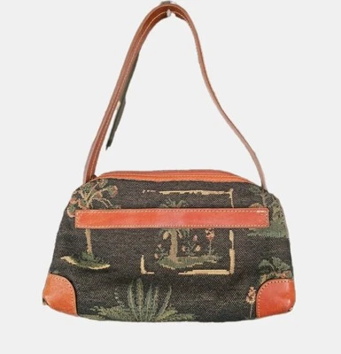 Tommy Bahama Handbag Clutch Cognac Brown Leather & Canvas Isle Palm Print - Image 1 of 4