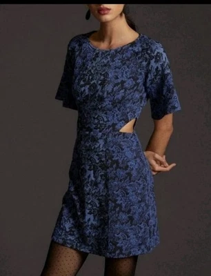 Nuevo con etiquetas Mini Vestido Anthropologie Floral Jacquard Corte Azul Negro Talla 6 Foto 1 de 4