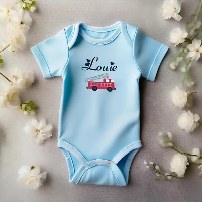 MILLY MOLLY MORLEY PERSONALISED babygrow baby boy fire engine vest naming sleepsuit baby shower