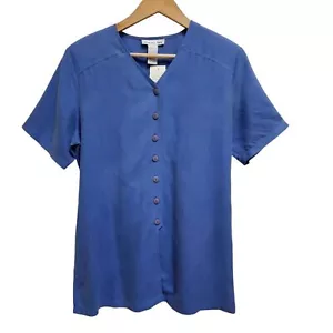 Anna And Frank Top Womens M Blue Silk Button V Neck Short Sleeve Tie Back Blouse - Picture 1 of 10