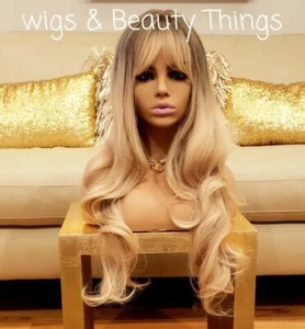 Wig Ombre Blonde Bangs Long Natural Curly Wavy Heat High Quality Synthetic Wigs - Picture 1 of 4