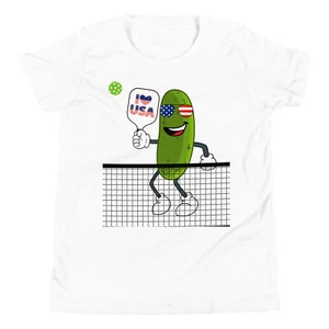 Funny 4th of July USA Patriotic Pickle Playing Pickleball Youth T-Shirt - Picture 1 of 5