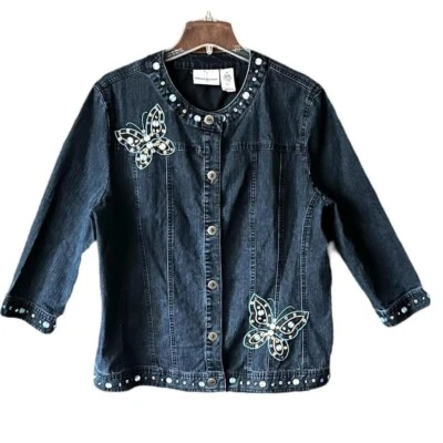Vintage y2k Alfred Dunner Dark Denim Beaded Butterfly Jacket Womens size 	14 - Image 1 of 3