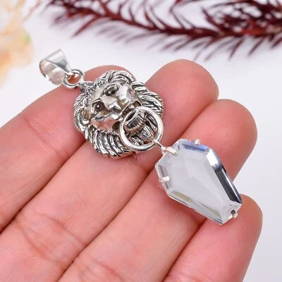 Tiger Face White Topaz Gemstone Pendant,925 Sterling Silver White Topaz Pendant - Image 1 of 4