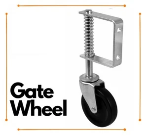 HEAVY DUTY Spring Loaded Gate Castor 125mm (5") hard black rubber wheel driveway - Picture 1 of 8
