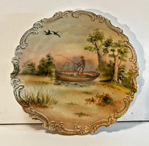 Plate Royal Bayreuth Bavaria textured porcelain lake scene with fisherman 9 1/2' - Picture 1 of 4
