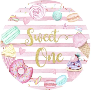 SWEET ONE FOOD SWEETS DONUTS ICE CREAM CUPCAKES PARTY ROUND BIRTHDAY BANNER - Picture 1 of 2