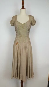 30s 40s Antique Dress Crepe Silk Tan Tattered and Torn Small Quality Made Vtg - Picture 1 of 12