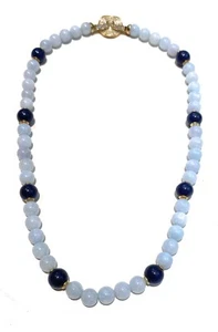 Collana calcedonio lapislazzuli argento sterling zirconi bianchi placcato oro - Foto 1 di 4