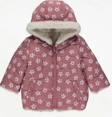 EX STORE GEORGE PINK BABY FLORAL REVERSIBLE FLUFFY FLEECE JACKET 12-18m 18-24m