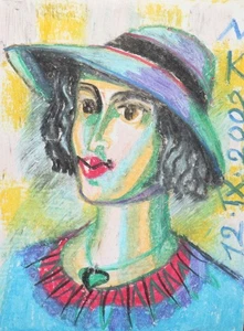 Modernes signiertes Pastellgemälde Portrait Frau mit Hut - Bild 1 von 10