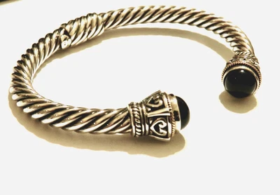 Sterling Silver 18K Gold Onyx Hinged Cable Cuff Bracelet - Image 1 of 4