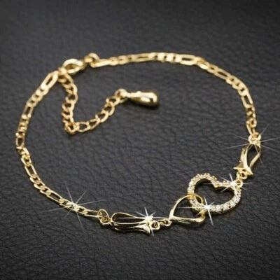 14K Yellow Gold Plated Double Heart Anklet 1Ct Round Lab Created Diamond Women's - Image 1 of 4