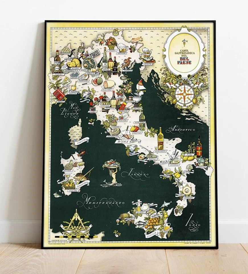 Gourmet Map of Italy Gastronomical Cuisine Food Italian Regions Wall Art Poster