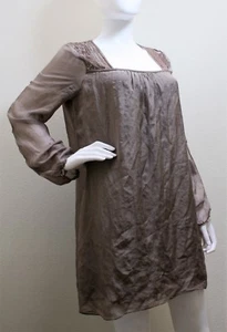 GIULIA ITALY PEASANT TUNIC DRESS BOHO STYLE SILK SHELL EMBROIDERED TRIM TAUPE S - Picture 1 of 11