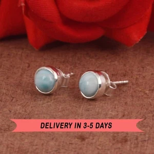 Round Blue Larimar Stud Earrings Sterling Silver Tiny Studs For Graduation Gift - Picture 1 of 11
