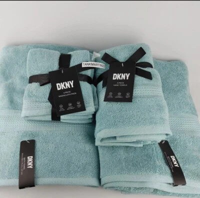 8 Piece DKNY Aqua Blue  Chain Link (2) Bath (2) Hand Towels & (4) Washcloths Set - Image 1 of 4