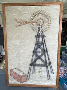 Large Vintage MCM Mid Century Windmill String And Nail Art Rustic Decor 24x16 - Picture 1 of 15