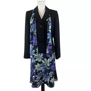 Traje Estudio 3 piezas Falda Traje Talla 8 Blazer Falda Bufanda Negro Púrpura Floral Rodilla - Imagen 1 de 11