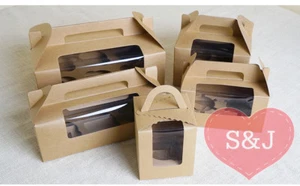 50Pk Kraft Cardboard Cupcake Boxes with Handle, 1/2/4/6 Hole Holder, PVC Window - Picture 1 of 2
