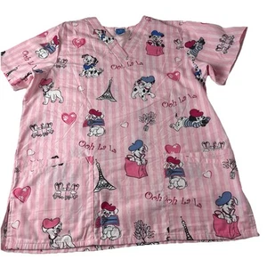Disney 101 Dalmatians Scrub Top Womens sz Medium Pink Dogs Shirt Paris Oh La La - Picture 1 of 13
