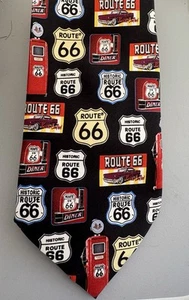 Route 66 Silk Tie EUC black Background By Museum Artifacts Style #1158 - Picture 1 of 3