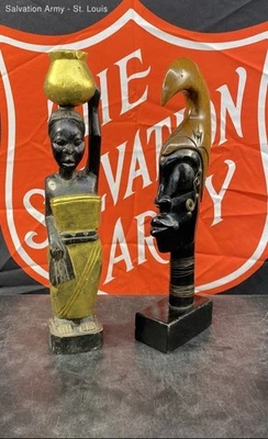 多色木制家居装饰非洲部落雕像 2 件装 — 第 1/4 张图片