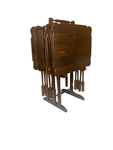 ETHAN ALLEN Antiqued Pine Old Tavern Folding TV Trays & Stand Set Fast Shipping - Picture 1 of 24