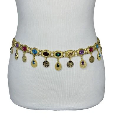 Gold Belly Dancer Hip Chain Belt Dangle Coins Multicolor Jeweled Rhinestone OS - Image 1 of 4