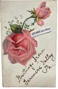 1907 - 1908 FARMERS VALLEY, PA, PINK ROSES EMBOSSED GREETINGS FROM POSTCARD - Picture 1 of 2
